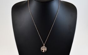 Rose Gold on Silver Circular Tree of Life Pendant with Attached Chain. Marked 925.