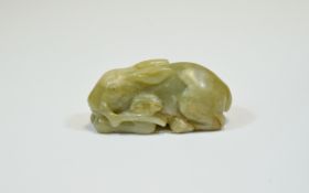 A Chinese Qing Dynasty Antique Jade Rabbit. 97.6 grams. 2.75 Inches Wide & 1.25 Inches High.