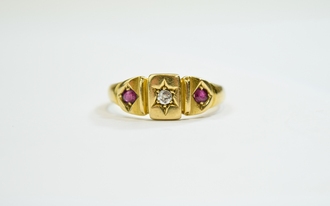 Victorian 18ct Gold - 3 Stone Diamond and Garnet Dress Ring. Hallmark Birmingham 1900.