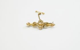 Victorian - Attractive 9ct Gold Brooch Set with Seed Pearls and Attached Safety Chain.