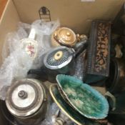 Misc Box Of Pottery And Collectables, Cabinet Plates, Leaf Moulded Plates, Clocks, Some Metalware,