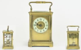 French Late 19th Century Heavy Brass Cased - 8 Day Carriage Clock with Porcelain Chapter Ring,