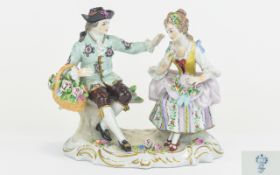 Sitzendorf Late 19th Century Hand Painted Porcelain Figurine ' Courting Couple ' In 18th Century