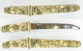 Japanese Superb - Meiji Period Very Finely Carved Ivory ( Tanto ) Handled Dagger and Sheath -