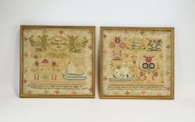 William The IV Period Pair of Framed Needlework/Linen Cross Stitch Samplers by Frances Haleys dated
