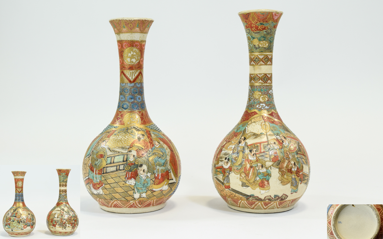 Japanese - Well Decorated Pair of Satsuma Bottle Shaped Vases - Meiji Period, with Painted and