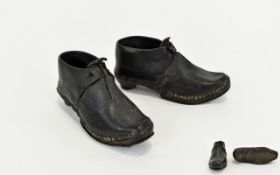 Pair Of Victorian Child's Shoes/Clogs In Black Leather With Brass Studs Steel Buckle With Clog