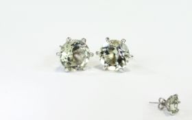 Green Amethyst Solitaire Stud Earrings, each round cut green amethyst of 3.