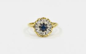 Ladies 18ct Gold Set Diamond and Sapphire Cluster Ring Stylised flower head setting Fully