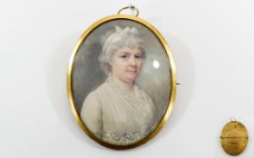 18thC Good Quality Hand Painted Portrait Miniature of a lady wearing a white dress and bonnet.