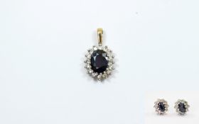 Ladies 9ct Gold Set Sapphire and Diamond Pendant and Matching Pair of Earrings fully hallmarked for