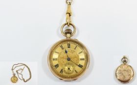 Antique 14ct Ornate Gold Cased Ladies Open Faced Pocket Watch with ornate gold dial.