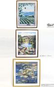 Framed Prints Three in total, to include vineyard scene with hot air balloon. Cottage garden with