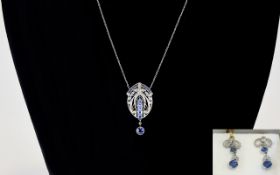 Art Deco Period Exquisite 18ct White Gold Set Diamond and Sapphire Pendant with Sapphire Drop on an