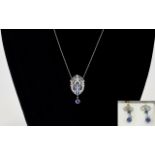 Art Deco Period Exquisite 18ct White Gold Set Diamond and Sapphire Pendant with Sapphire Drop on an