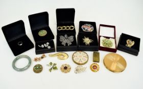 Small Mixed Lot Of Costume Jewellery Brooches, Compacts, Silver Ring, Bangle,