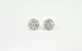 Diamond Baguette and Round Cut Stud Earrings, four round cut diamonds, claw set close together,