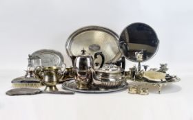 Collection Of Silver Plated Ware, Comprising A Four Piece & Three Piece Tea Service, Brush Set,