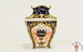 Royal Crown Derby Hand Painted Small Vase, Traditional Imari Pattern. Date 1920. 3.25 Inches High.