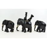 Antique - Well Made and Heavy Trio of Ebony Elephant Tusks and Feet. c.1900. One Elephant with