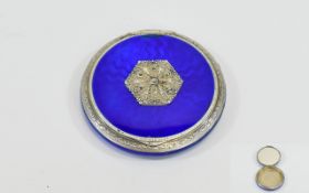 Antique Nice Quality Silver and Blue Enamel Compact, circular in shape.