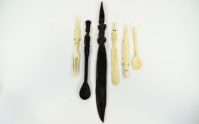 African Tourist Art, Mixed Lot Comprising Carved Figural Spoon, Carved Crocodile Letter Opener,