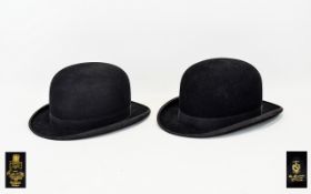 Two Bowler Hats Vintage 6 7/8 bowler with external black grosgrain trim, inner leather band to rim.