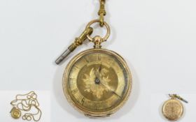 Claude Mathey 19thC Ornate 14ct Gold Ladies Open Faced Pocket Watch with gold dial marked 14ct.