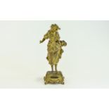 French - Late 19th Century Impressive Bronze Figurine of a Milk Maiden In Period Costume, Raised