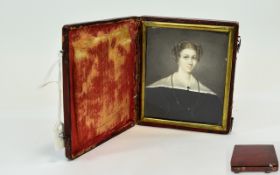 Early Victorian Fine Hand Painted Portrait Miniature of a young woman in mourning wearing a black