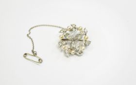 18ct White Gold Set Diamond and Pearl Brooch with Attached Safety Chain. The Central 3 Pear Shaped