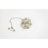 18ct White Gold Set Diamond and Pearl Brooch with Attached Safety Chain. The Central 3 Pear Shaped