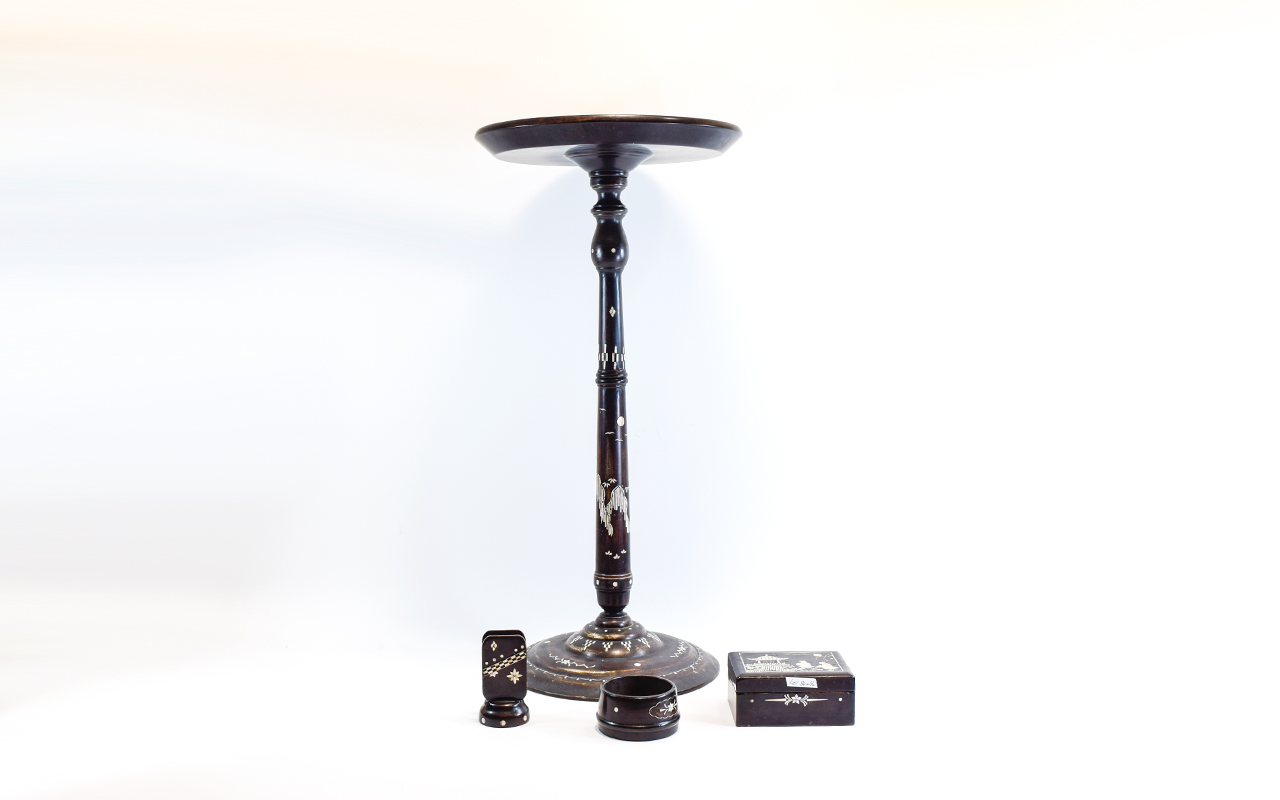 Small Oriental Wine Table With Mother Of Pearl Inlay, Together With Matching Cigarette Box,