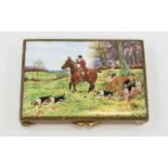 A Fine Gilt and Enamel Lidded Box with a wonderful quality enamel cover features a hunting scene