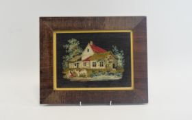 Antique Early 19thC Wool Work Picture of a Horse with a figure leading a cow along a path with