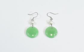 Green Jade and White Cultured Pearl Earrings, single discs of green jade, suspended below white