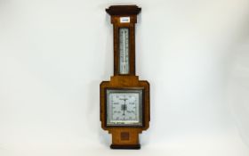 Art Deco Mahogany Inlaid Barometer, Square Silvered Dial With Chrome Mount, Angular Inlaid