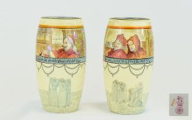 Royal Doulton Early Pair of Series Ware Vases ' Monks and Mottoes ' E3305. Each Vase 7 Inches High.