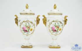 Coalport Nice Quality Pair of Finely Painted Porcelain Twin Mask Handle Urn Shaped Vases circa