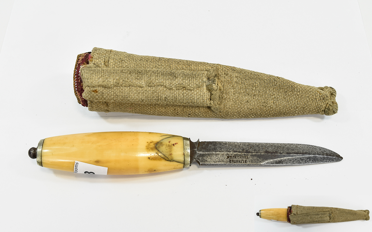 Norwegian Hunting Knife, Steel blade stamped `Blikstad Trondhjem` Marine Ivory Handle,