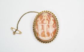 9ct Gold Mounted Cameo Oval Shaped Brooch with attached safety chain.