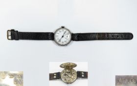 WWI Officers Military Silver Cased Pin Set Trench Watch with original leather strap.