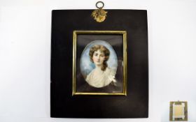 19thC Nice Quality Hand Painted Portrait Miniature Ivory of a young lady. Monogrammed A M.