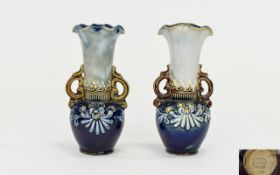 Doulton Lambeth Pair of Small Twin Handle Late 19thC Vases circa 1895-1905.