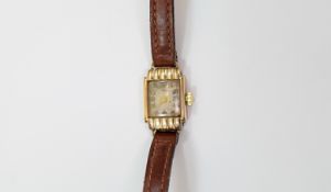 Ladies Art Deco 9ct Gold Cased Mechanical Wrist Watch with attached leather strap.