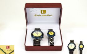 Luis Cardini Pair of Polished Steel STylish Ladies and Gents 'His and Hers' Quartz Wrist Watches.