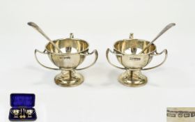 Edwardian Pair of Three Handle Silver Salts hallmark Sheffield 1908 with original period box.