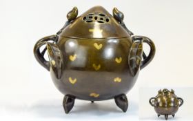 Chinese Impressive and Superb 17th / 18th Century Gold Splashed Lidded Bronze Censer, In The Form of