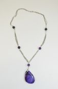 Large Purple Agate Pendant Necklace, a three strand long chain set with two pairs of round cut