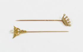 Victorian 15ct Gold Coronet Topped Stick Pin set with seed pearls.